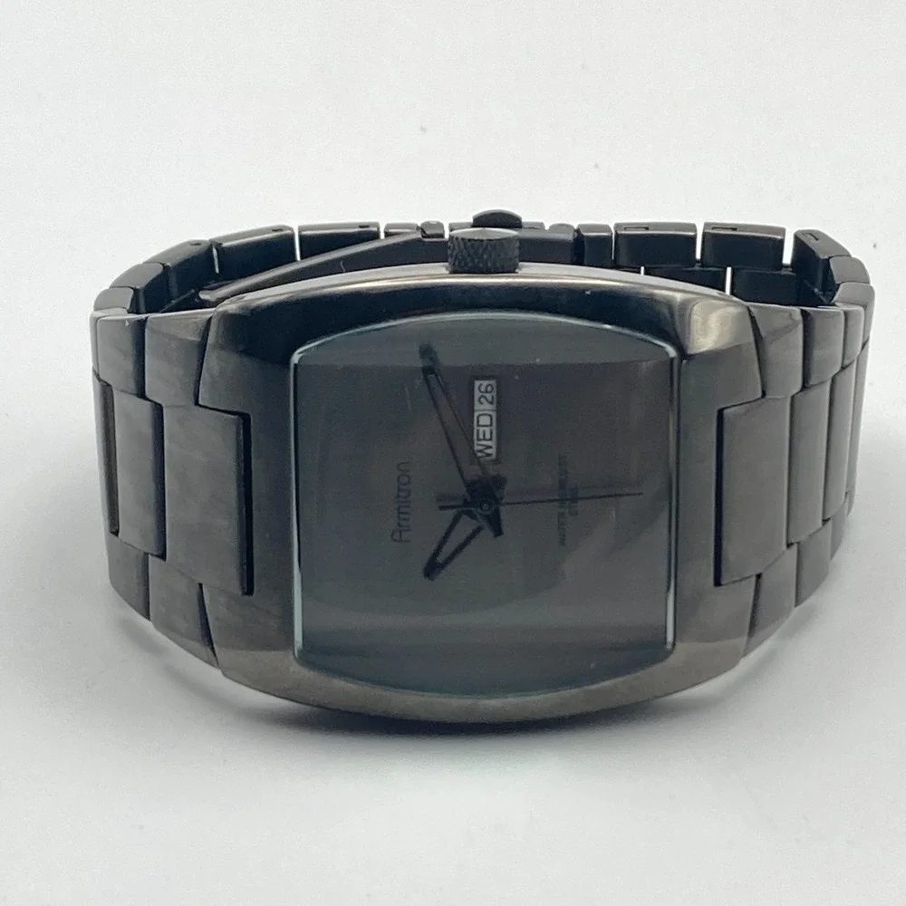 Armitron Mens Watch 39mm Gunmetal Grey Day Date Minimal 50M New Battery 7.75